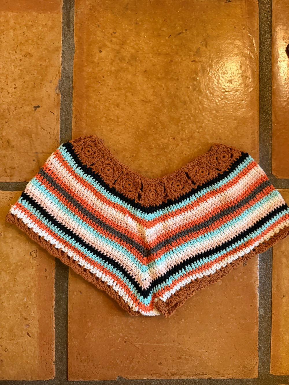 Striped Crochet Knit Sweater bottom in Brown, Cream, Coral & Teal